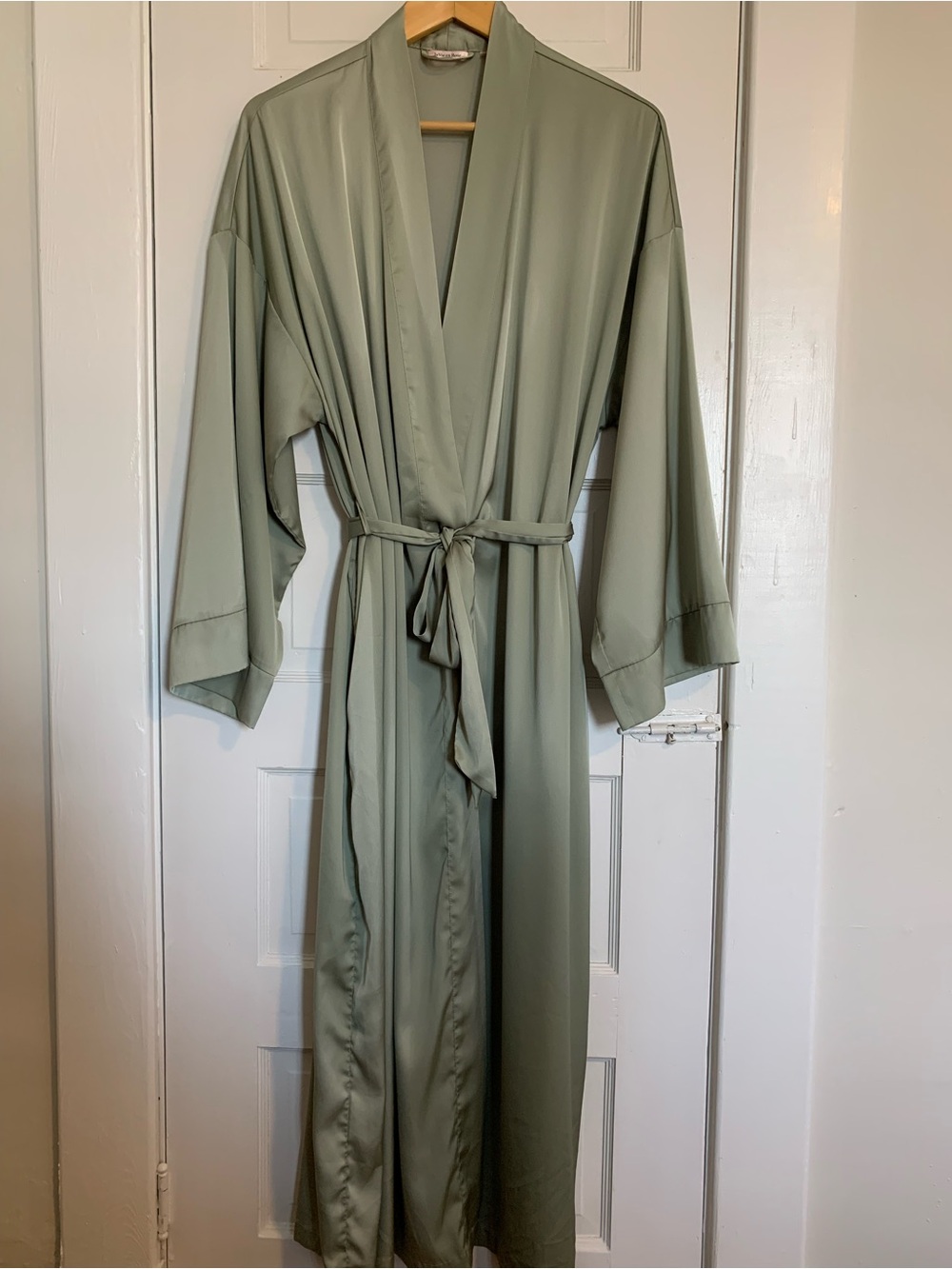 La Vie En Rose Sage Green Satin Long Wrap Robe with Tie Belt